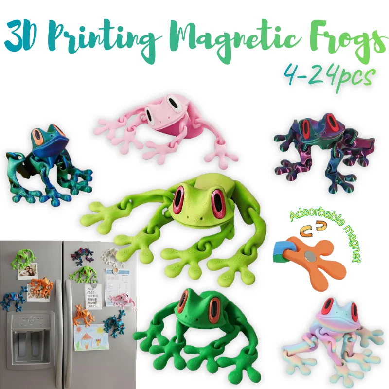 4-24PCS 3D Printed Frog Refrigerator Magnets Animal Funny Magnets Realistic Jointed Jumping Frogs Kitchen Office Decor,5IN