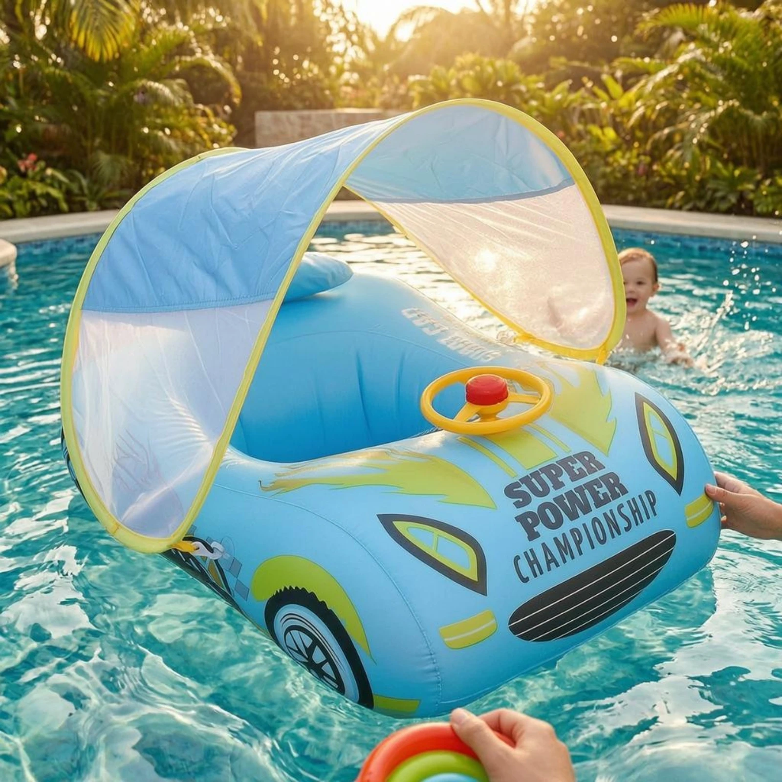 Inflatable Car Boat Blue and Yellow Car-Shaped Swim Float Canopy Swim Float Easy to Inflate Canopy Buoyant Seat for Children