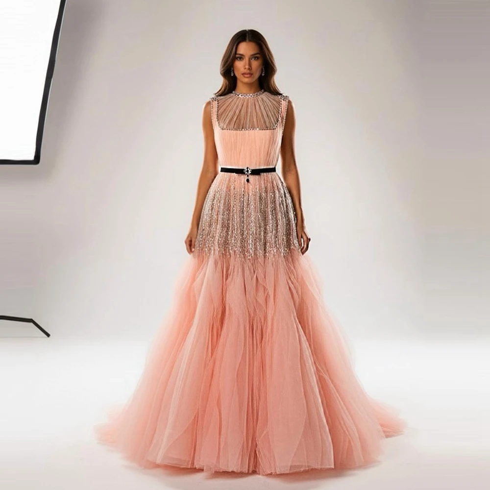 

Блестящие кристаллы, кружевные сетчатые платья для выпускного вечера, современное тюлевое вечернее платье без рукавов, шикарные пышные сетчатые длинные летние платья с оборками