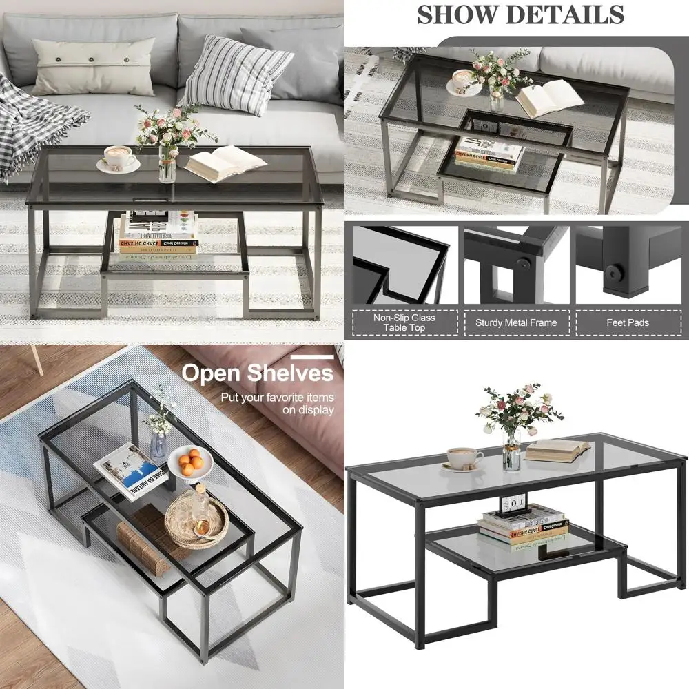 

Grey Glass Coffee Table with 2 Tiers - Metal Frame Accent Table for Living Room, Bedroom, or Home Office