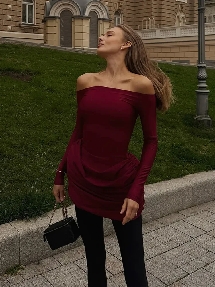 Ruched JERSEY มินิชุดผู้หญิงปิดไหล่แขนยาวไม่สมมาตร Hem Bodycon Vestidos Casual PARTY วันที่ Lady ชุด