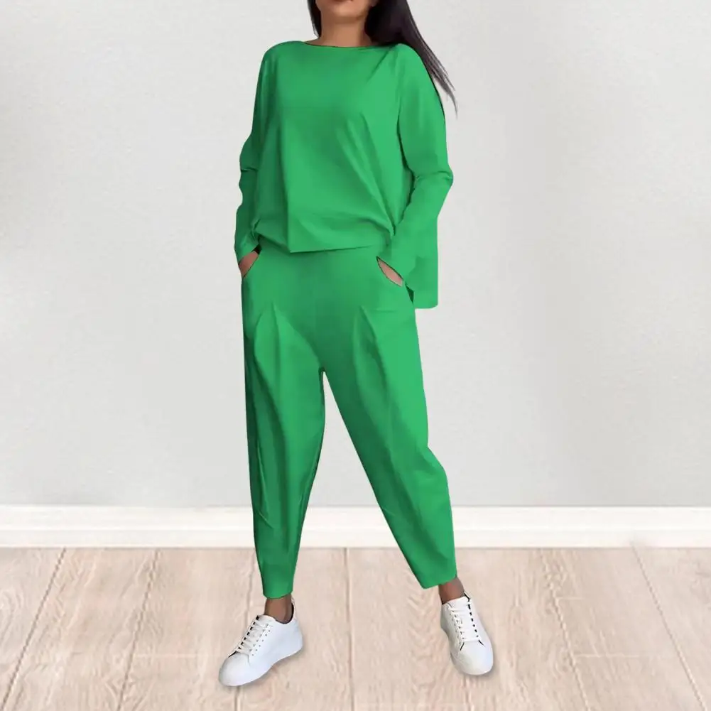 Two-piece Women Top Pants Set Long Sleeves T-shirt Elastic Waist Harem Trousers Commuting Sport Outfit casual loose pantsuit