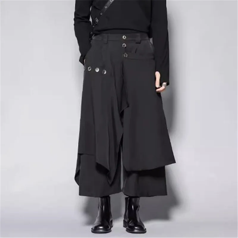 2024 Japanese retro style fake two dark loose feeling niche wide leg pants casual men's and women's nine-point pants