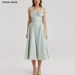 2024 Sexy Flower Print Tie Bow Halter Dress Corset Style Lacing Up Ruched Chest Pleated Slim Low Waist A-lined Swing Midi Robe