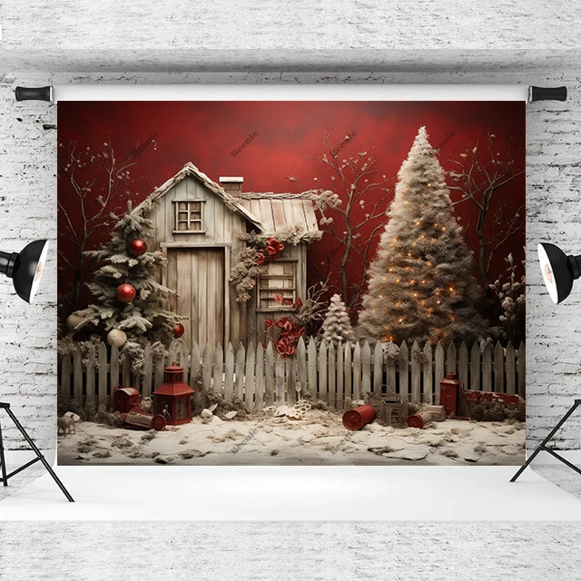 Beenle Christmas Photography Background Winter Red House Xmas Tree Fireplace Gifts Family Portrait Decor Backdrop Photo Studio