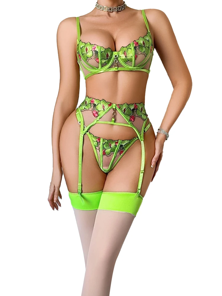 Belamimi Luxury Floral Embroidery Push‑Up Shapewear Bra 4‑Pieces Set Sexy Perspective Lingerie Kit With Thigh High Stockings