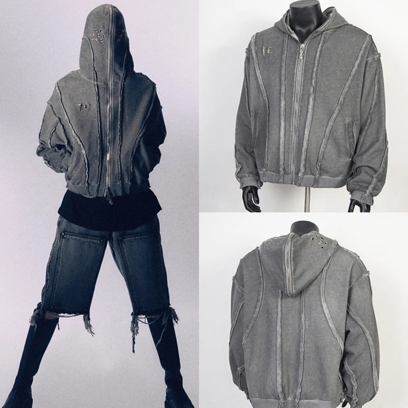 THUG CLUB Spliced Zipper Wash Gray Coat High Street Vintage Starmoon Metal Logo High Quality Thug Club Hoodie Coat