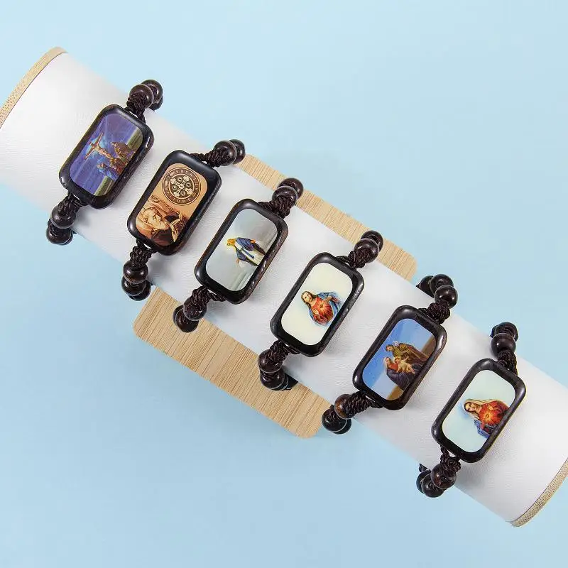 Wooden Rosary Bracelet Adjustable Religious Icon Stickers Drip Oil Finish, Spiritual Beaded Prayer Jewelry For Devotional Wear