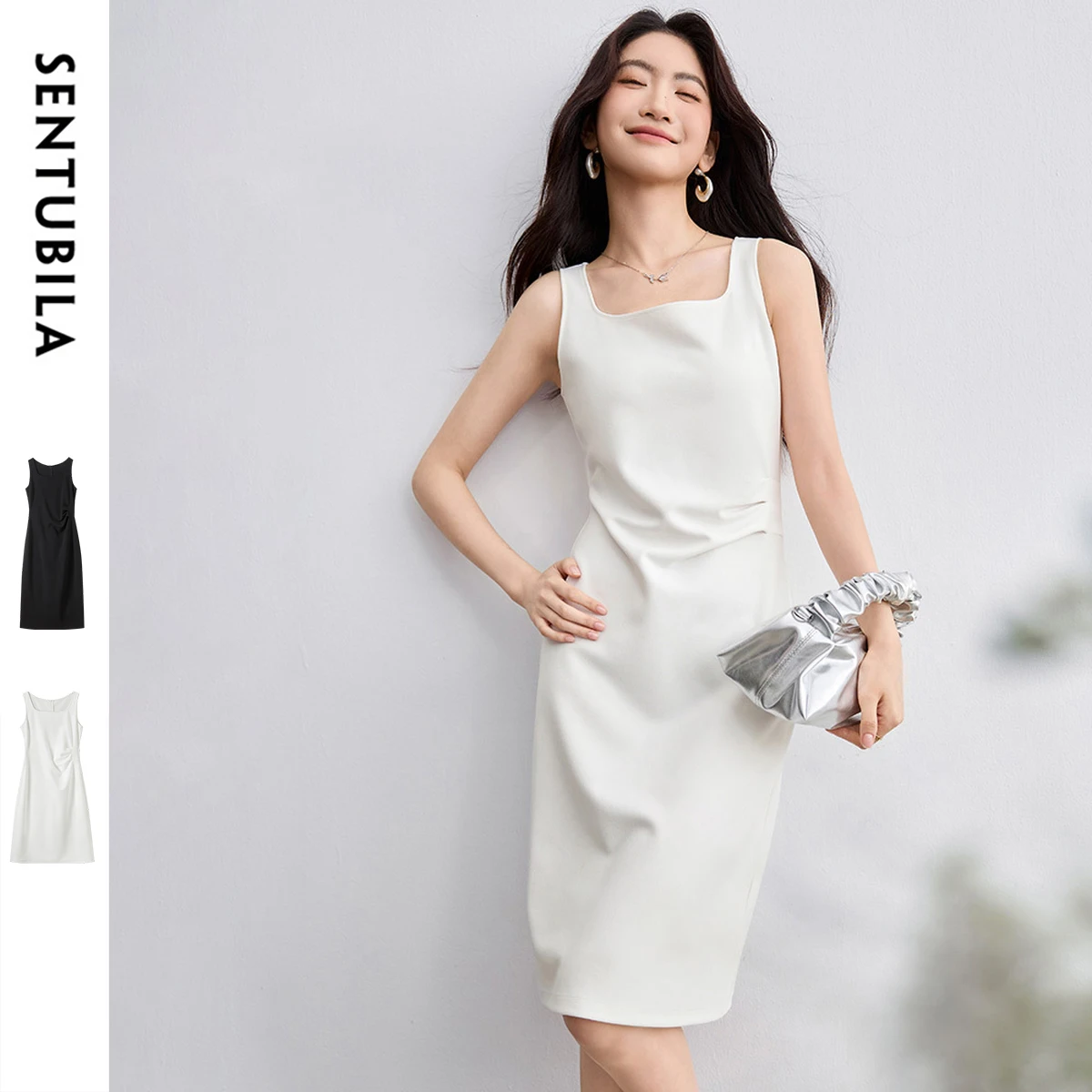 

SENTUBILA French Style White Dress Woman 2025 Square Collar Sleeveless Folds A-Line Dress Slim Fit Elegant Midi Dress Q52LD1623