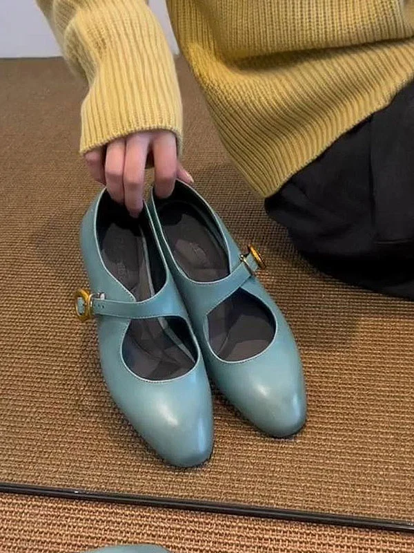 

Retro Style Mary Jane Shoes Women's Buckle round Head Chunky Heel Versatile Commuter Light Leather Upgraded Slip-On Shoes