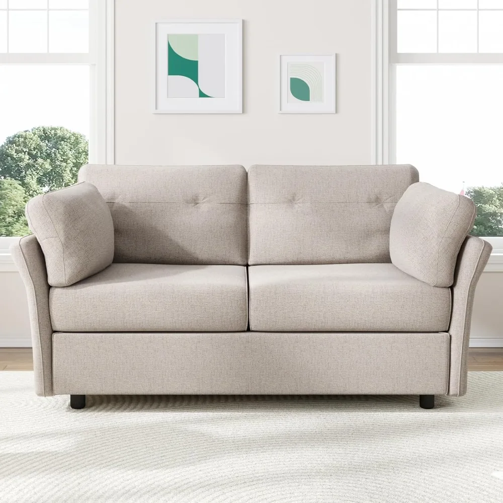 

Sofa with 2 Seats, Linen Fabric Upholstered Sofas with 2 Bolster Pillows, Sofa with 2 Seats