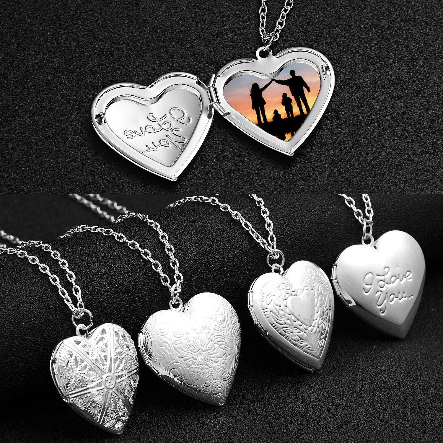 Pendant Necklace Carved Heart Photo Locket Silver Plated Alloy Openable Frame Women Lightweight Retro Daily Wear Party Gift