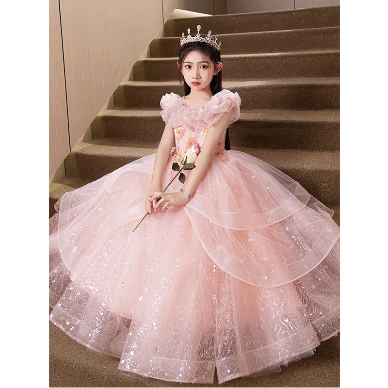 Pink Girls' Dress Luxury Niche High-End Princess Dress Children's Host Model Show Piano Performance Dress Spring