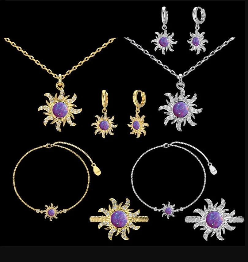 Sun Shape Rhinestone Jewelry Set Fashion Necklace Earrings Bracelet Ring 4Pcs for Women Prom Banquet Accessory