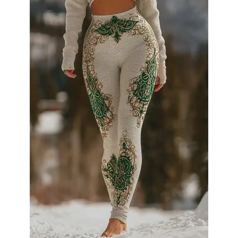 Shopfull Women's Green Forest Graphics Leggings 2026 Outdoor Trousers Stretch Elastic Waist Control Streetwear Polyester Spandex
