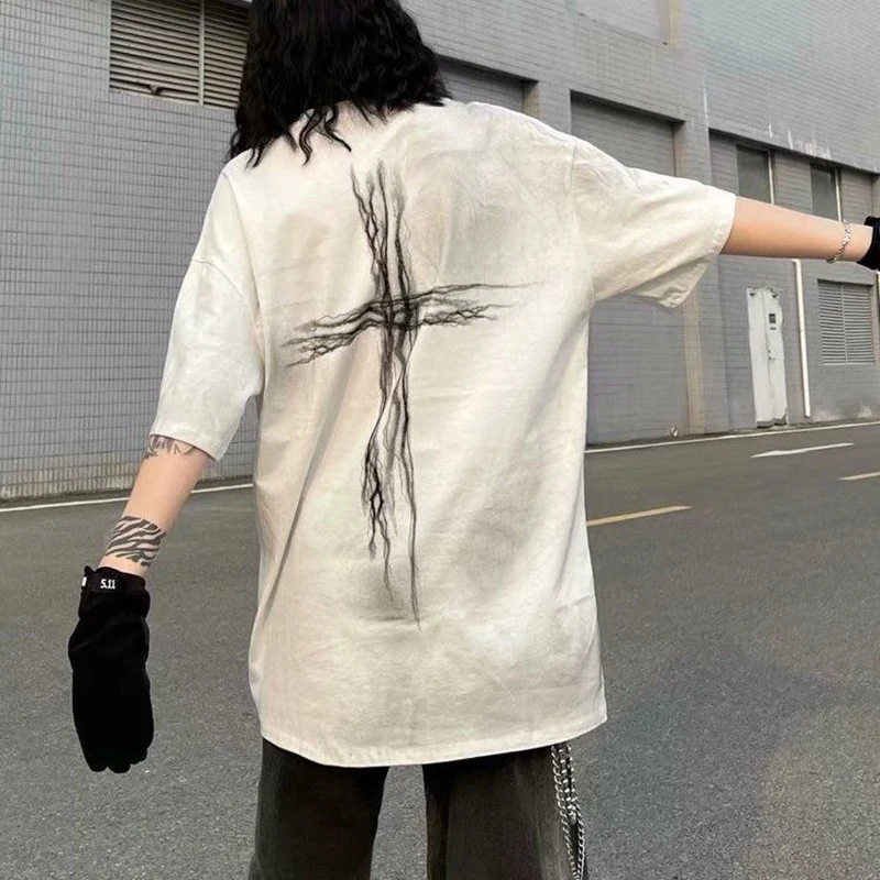 Hip Hop Cool Streetwear Cross Graffiti Print 2022 Vintage 90s Short Sleeve T Shirts Men Summer Harajuku Fashion Oversized Funny