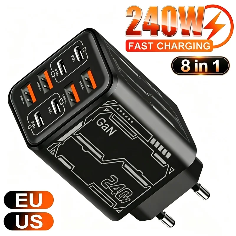 8 IN 1 GaN Desktop Charger For IPhone18 17 16Pro Laptop Samsung Xiaomi Android Phone 240W Fast Charging Adapter 4PD 4USB Charger