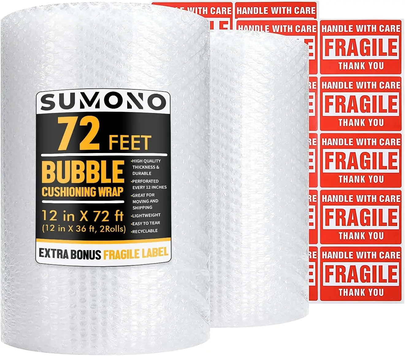 

Bubble Cushioning Wrap Roll 12" x 72ft Total, Perforated Every 12", 20 Fragile Stickers Included