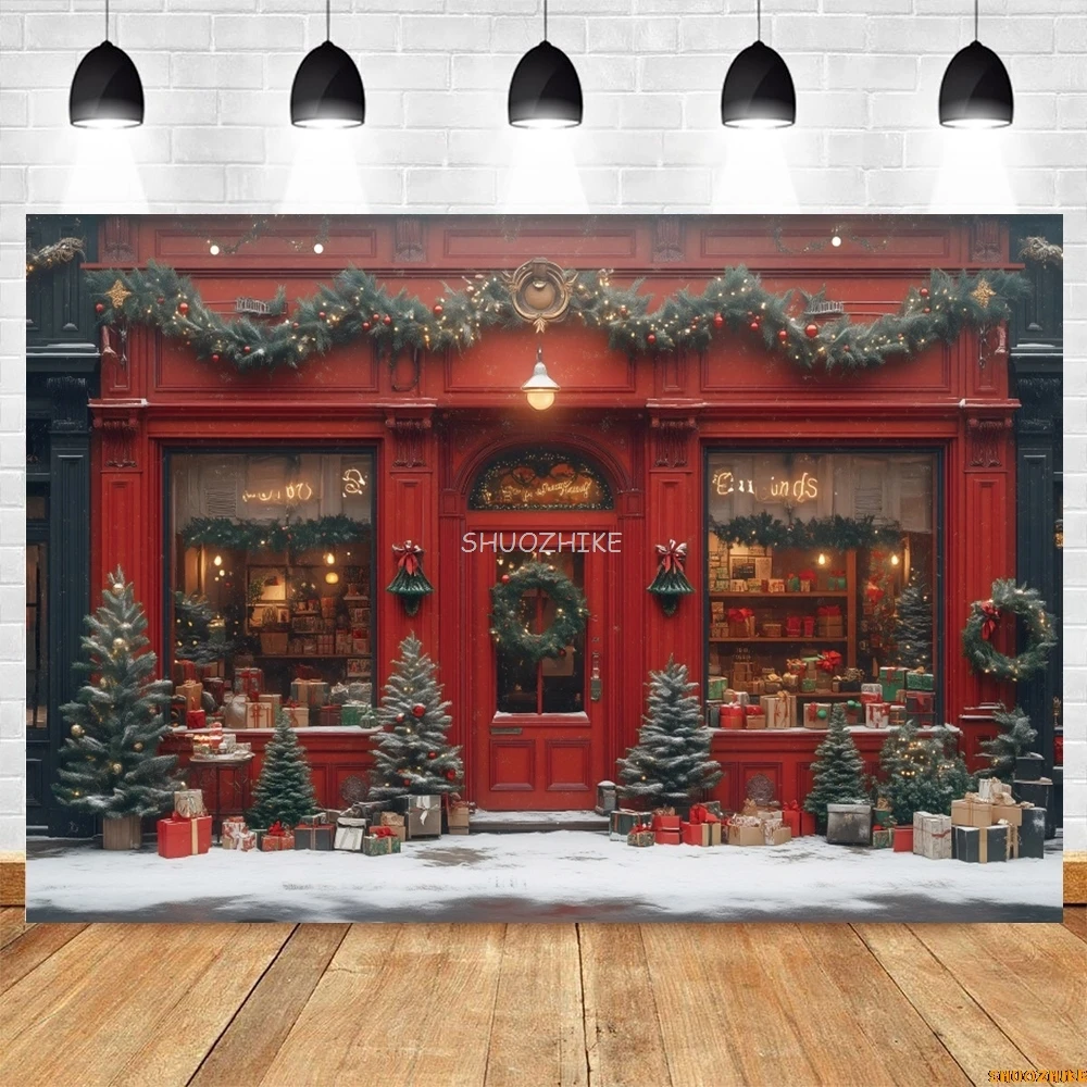 متجر هدايا عيد الميلاد التصوير خلفية الثلوج شجرة عيد الميلاد الهدايا متجر نافذة الباب إكليل الاطفال صورة التصوير خلفية ديكور