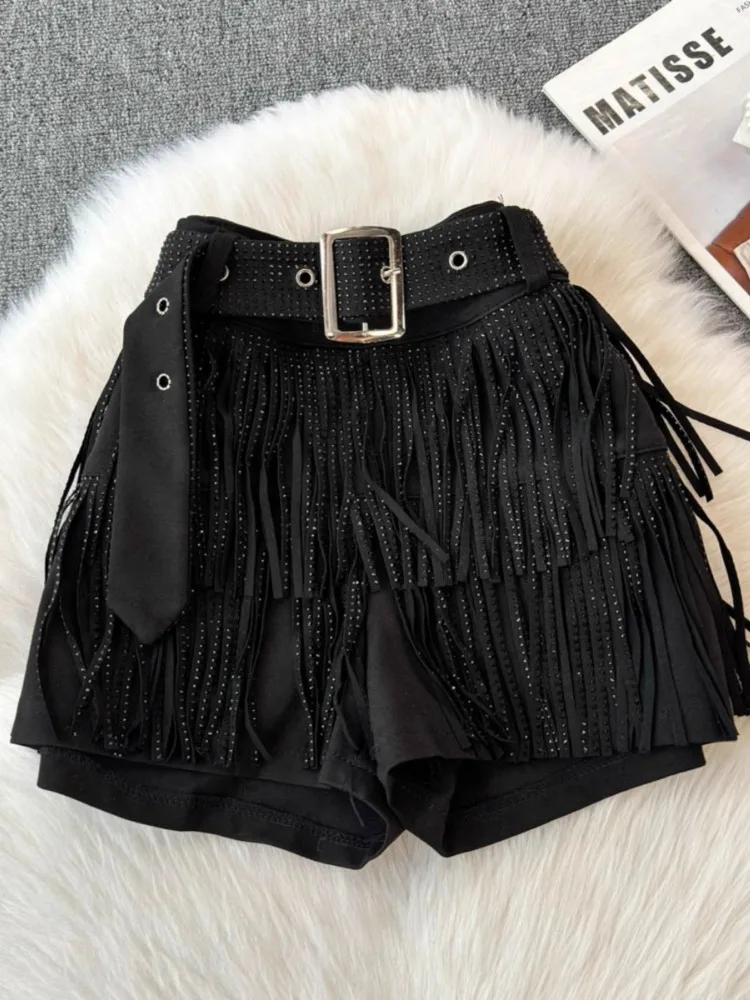 Fashion Y2k Tassel Shorts New Black Diamond Korean Sexy High Waist Trendy Party Night Shop Costume Dance Hot Pants Women