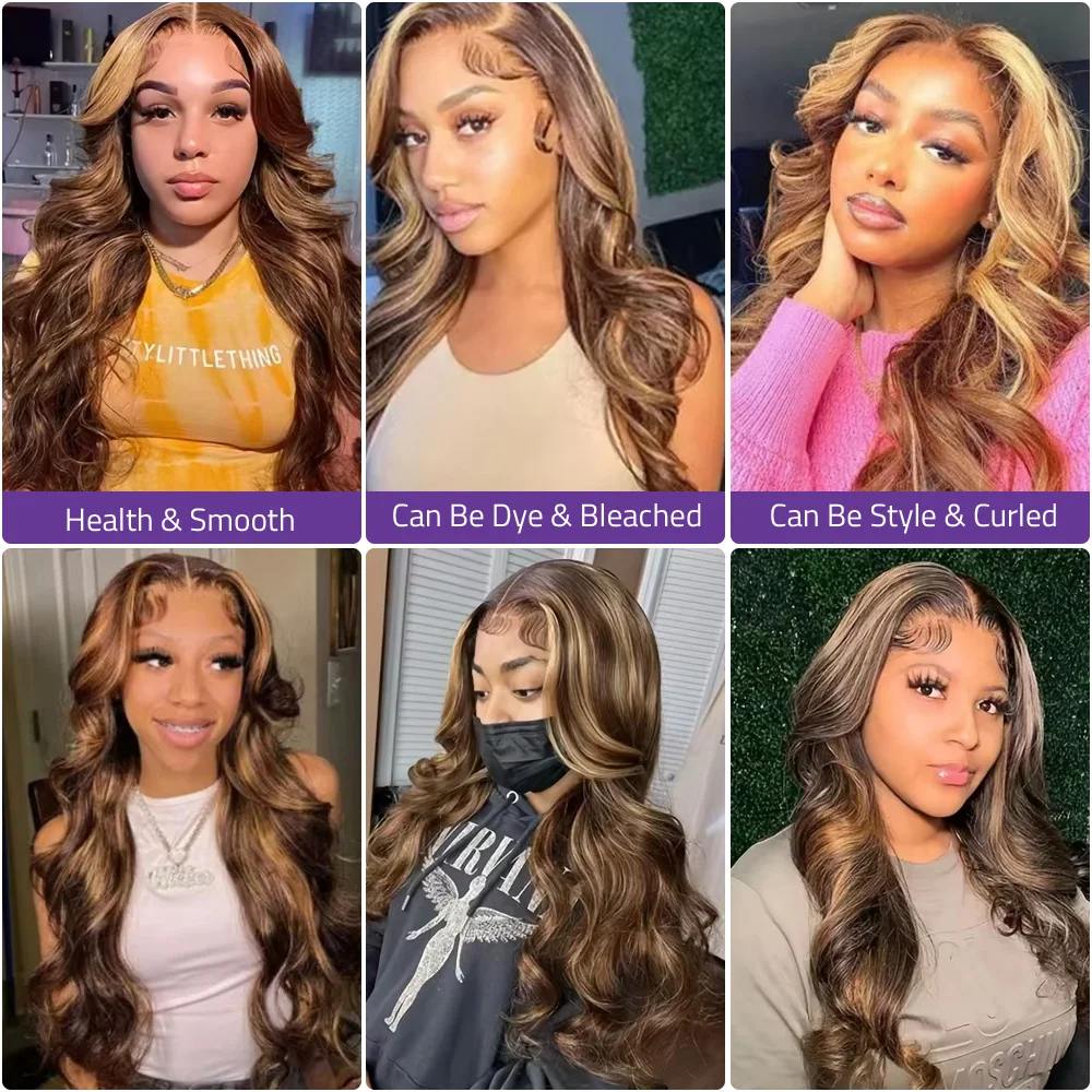 13x4 Highlight P4/27 Body Wave Lace Frontal Human Hair Wig Honey Blonde Colored 13x6 HD Lace Front Wigs For Women Pre Plucked image 3