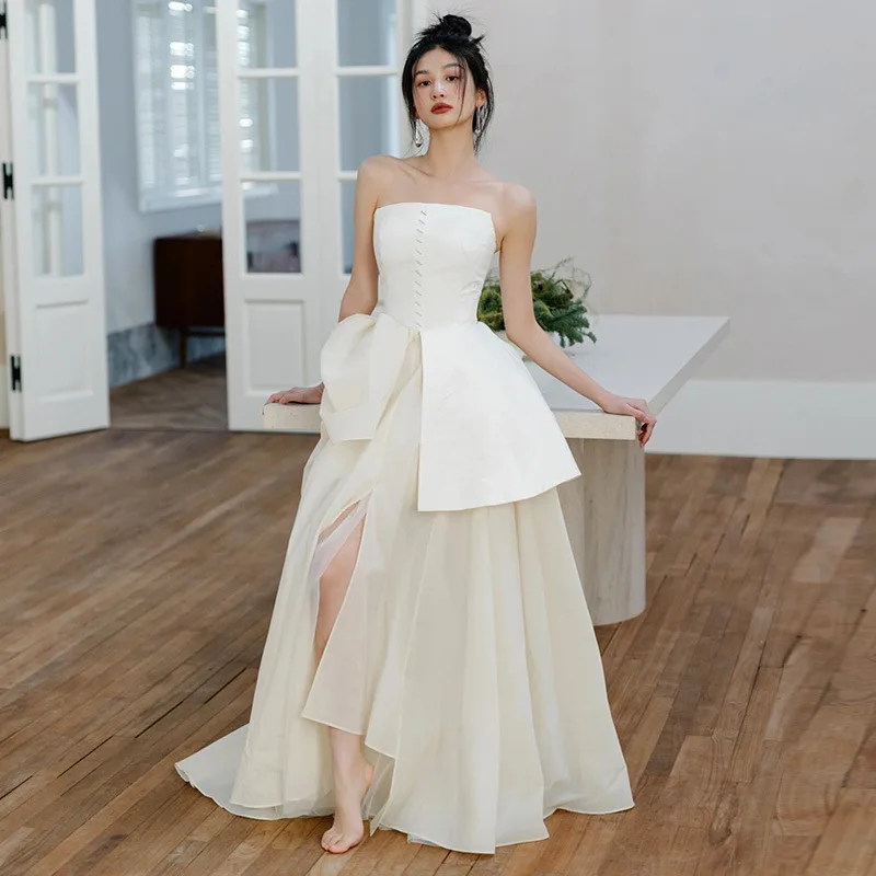 

Strapless Satin Light Wedding Dress White Niche High-end Feel Reception Outgoing Gauze Elegant Simple Retro Dress