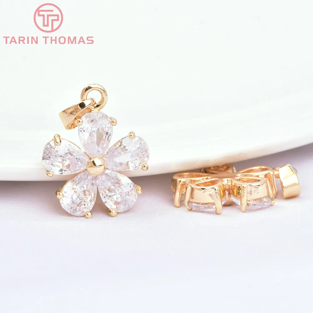 (278) 2PCS 23x15MM 15x19MM 24K Gold Color Brass with Zircon Flower Charms Pendants High Quality  Jewelry Findings Accessories