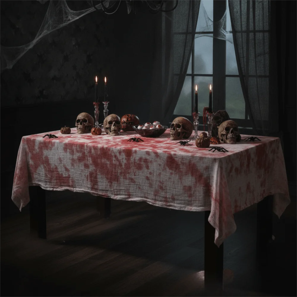Gauze Halloween Bloodstain Tablecloth Rectangular Decorative Bloody Table Cover Realistic Large Size Bloody Window Curtain Stair