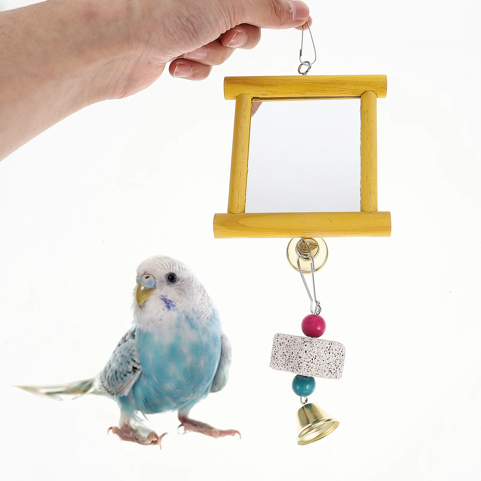 2 Pcs Parrot Teething Toy Cage Mirror Parakeet Hanging Bird Birdcage Wooden Iron Decor Chicken Toys for Cockatiels Accessories