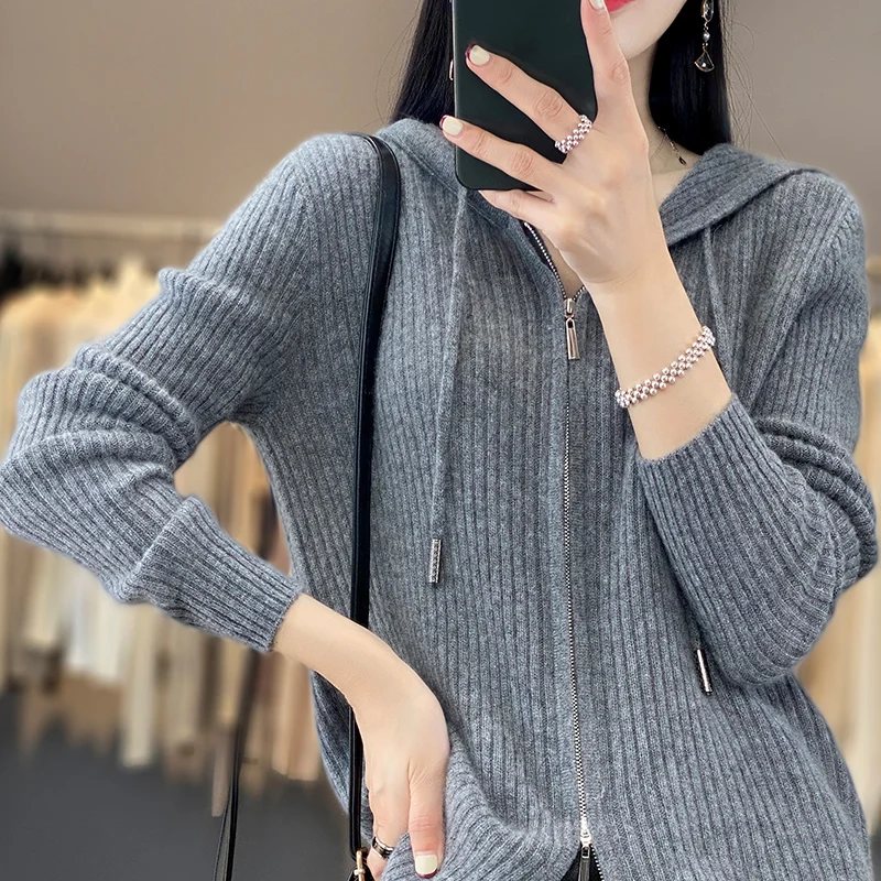 

Hooded 100 Pure Cashmere Long Sleeve Draw Strip Cardigan Women's New Autumn Woolen Hooded Solid Color Knitted Coat Top