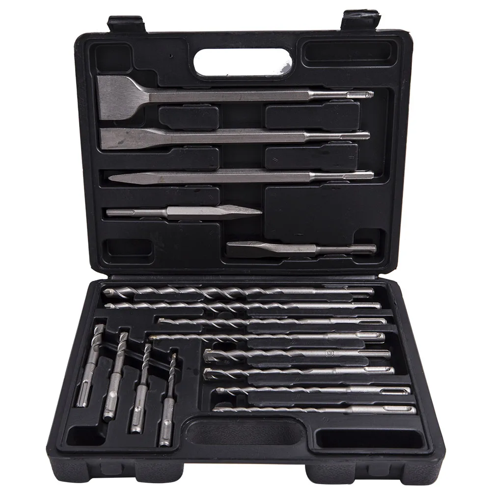 17Pcs SDS Plus Rotary Hammer Drill & Chisel Bit Set Masonry Concrete Tile Brick