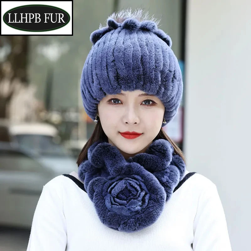 

New Fashion Women Winter Real Rex Rabbit Fur Hat Scarf Natural Soft Rex Rabbit Fur Cap Scarves Sets For Lady Outdoor Keep Warm