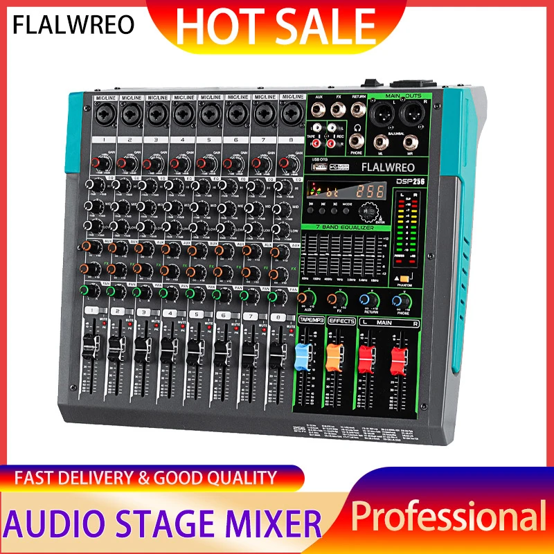 

FLALWREO AU8 USB Connection Built-in 256 Reverb Effect 8 Channels Professional Audio Mixer Console