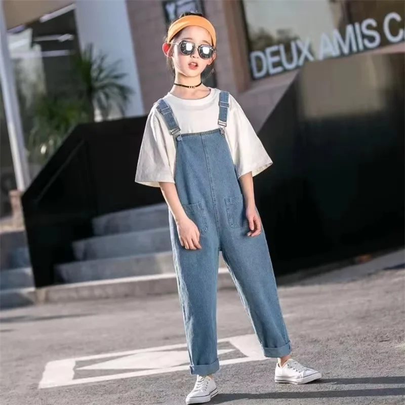 Retro Style Girls' Denim Overalls Children's Casual Loose Outer Wear Overalls Spring and Autumn Girls' Versatile Denim Pants