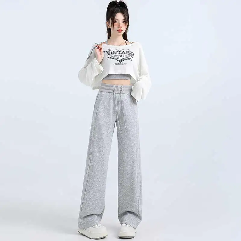 

Simple Old Money Style Gray Wide-Leg Sweatpants for Women2025New Spring and Autumn Loose High-Waisted Casual Straight Pants
