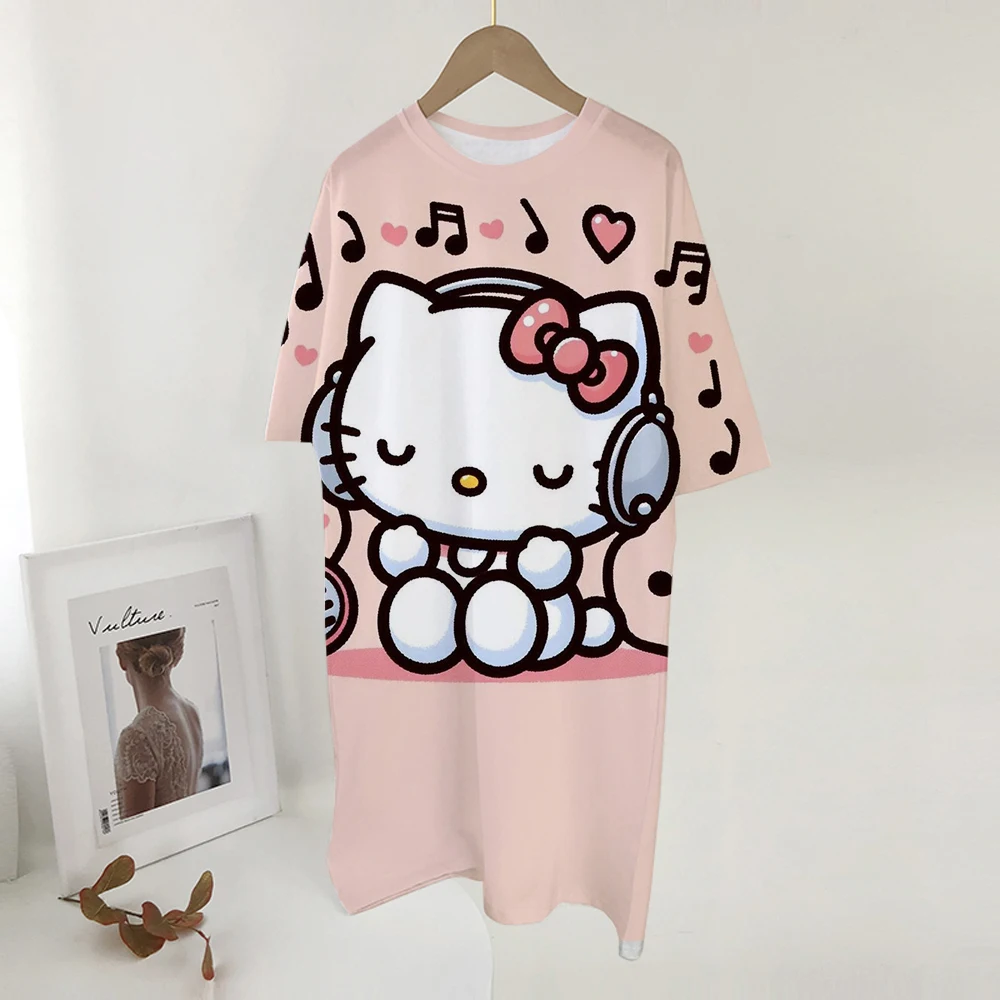 2023 New Korean-style Plus-size Hello Kitty print T-shirt Women's Summer Loose-fit Belly Covering Student Dress ﻿