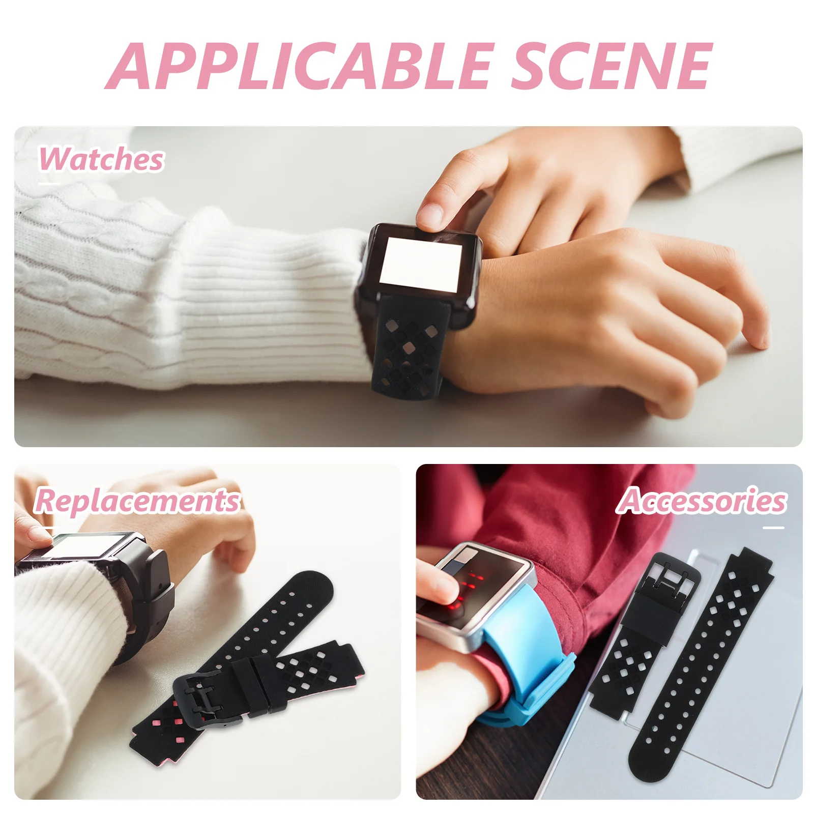 

2Pcs Children Phone Watch Band Silicone Durable Replacement Strap 15mm Quick Release Compatible Y03 Pink Black Blue