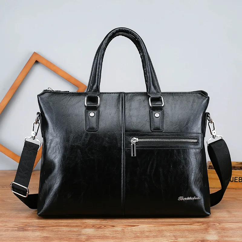 กระเป๋าเอกสารหนัง PU สำหรับผู้ชาย กระเป๋าถือธุรกิจ กระเป๋าสะพายข้างใส่แล็ปท็อป ทรงสี่เหลี่ยม พกพาสะดวก กระเป๋าถือแบบสะพายข้าง