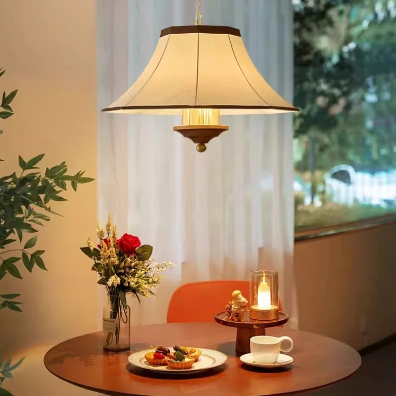 Mid ancient style restaurant chandelier, retro restaurant chandelier, fabric lampshade, wooden dining table lighting fixture