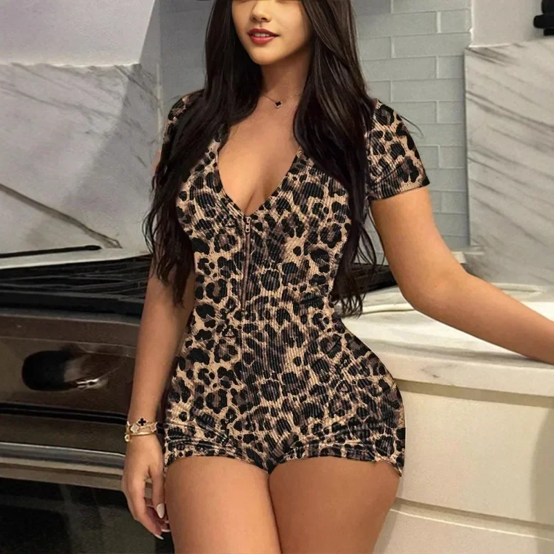 Women Skinny Leopard Print Playsuits Sexy Deep V Neck Short Sleeve Zipper Slim Midnight Club Rompers Casual Streetwear Overalls