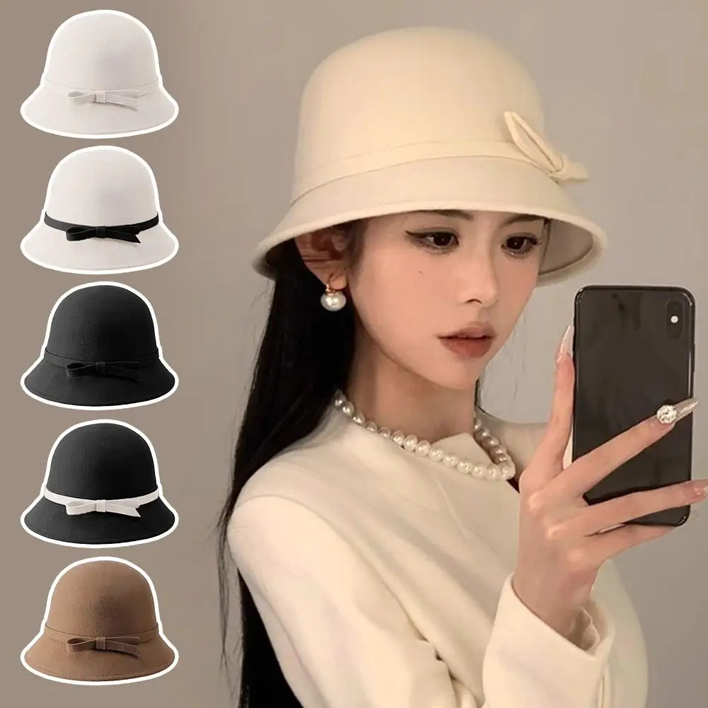 

Hepburn Style Winter Women Vintage French Style 's Hat Elegant White Fisherman Woolen Simple Elegant Hat Fishing Bow Cap H3A7