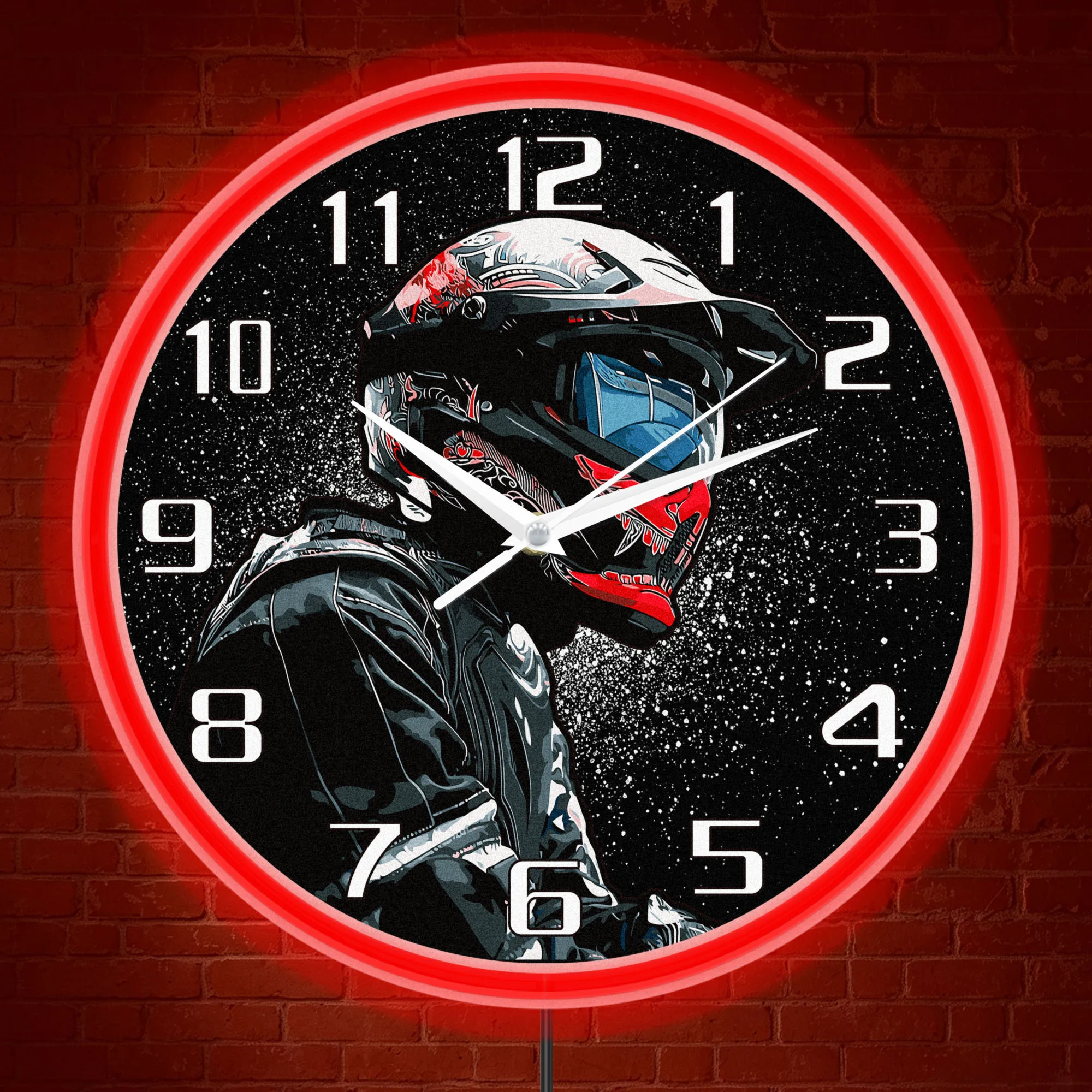 Pop Art Motorbike Helmet LED Neon Wall Clock Night Light Glow in the Dark for Garage Man Cave Workshop Motorcycle Riders Gift