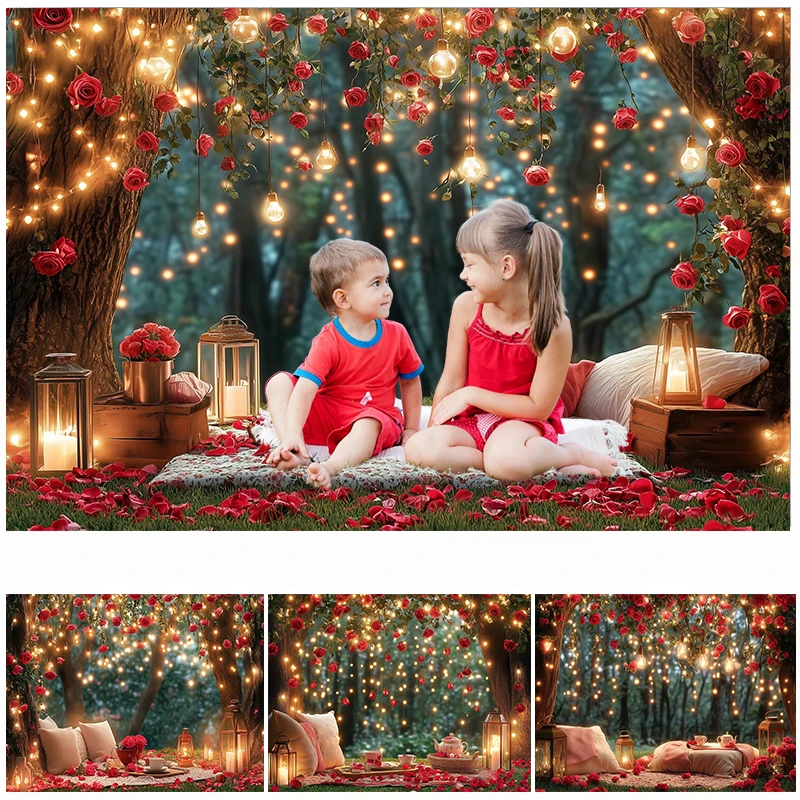 

LS Valentine's Day Backdrop Photography Outdoor Forest Roses Glitter Decor Romantic Confession Adult Portrait Photo Background