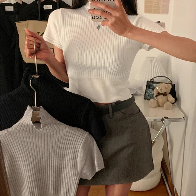 Women New Spring Summer Turtleneck Short Sleeve Pullover Casual Solid Thin Sweater Elastic Slim Versatile Comfortable Short Top