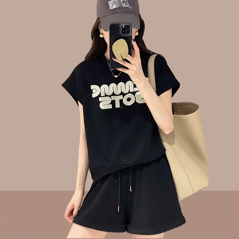 korean Loose Short Sleeve O-neck Tops & Shorts Pant 2 piece sets 2024 Summer Casual Women Sports set letters Suit womens outfits