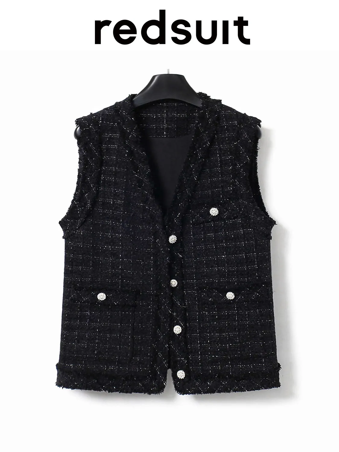 New Light luxury silver wire plaid tweed V-neck vest versatile mid length top Custom size