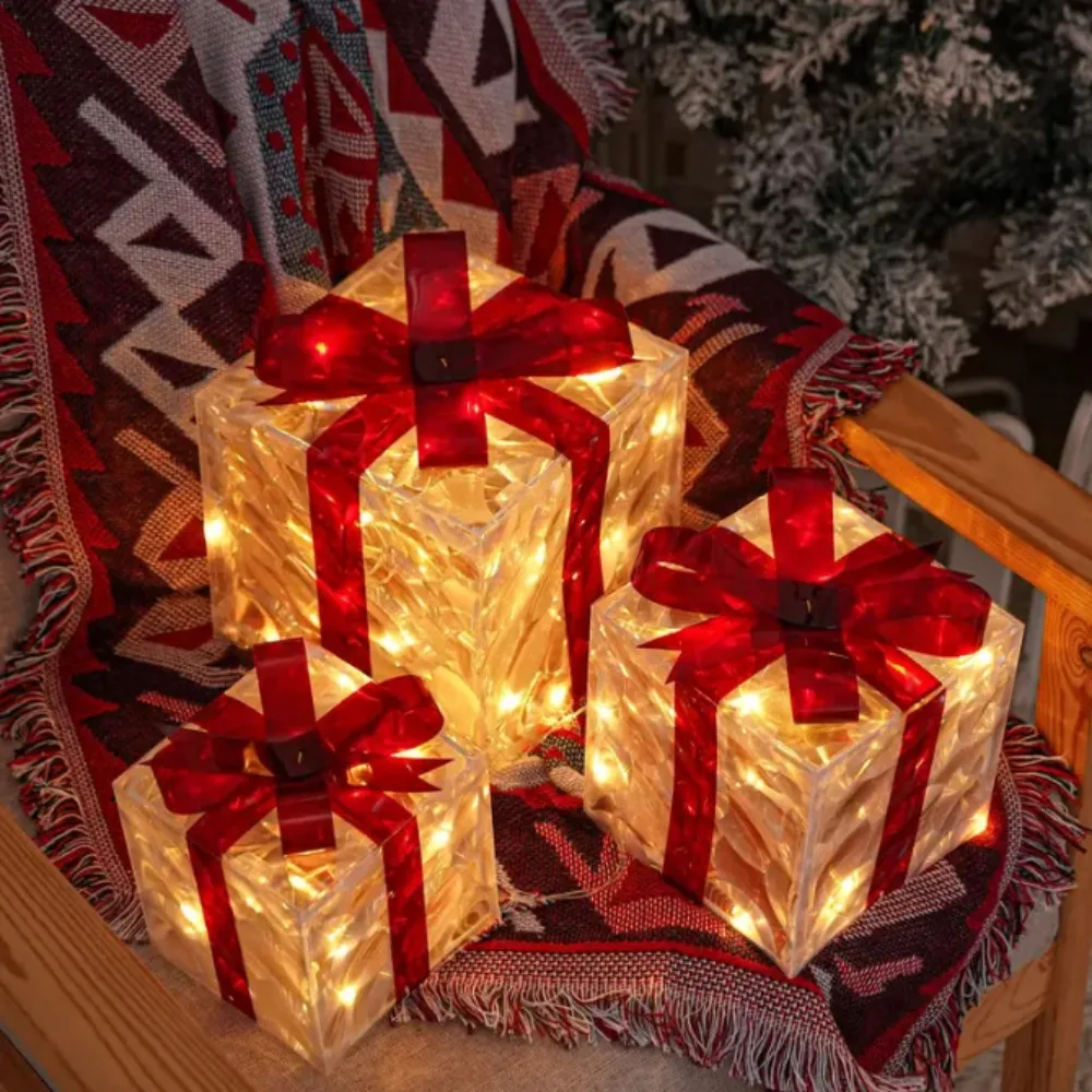 

3Pcs Christmas Glowing Decoration Lighted Gift Boxes Set with Bow 50 LED Christmas LED Lights Box Navidad Luminous