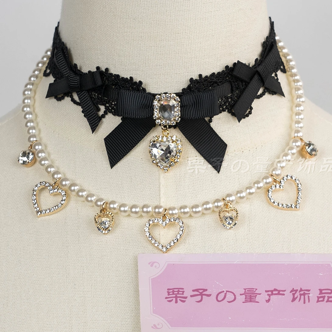 luxury Multiple Colors bow Decorations Detachable Pearl necklace Heart Alloy Pendant Clavicle Chain Lolita Double Layer Necklace
