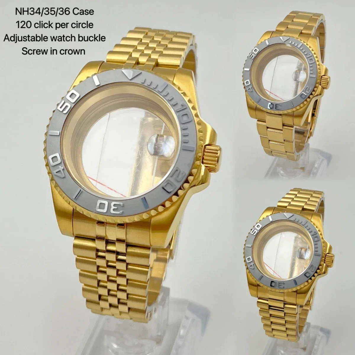 

40mm Gold plated case oyster jubilee president watch strap bracelet 100m waterproof for yacht-master NH34/NH35/NH36 movement