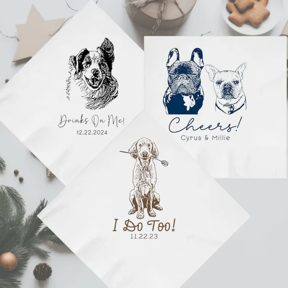 Custom Pet Wedding Napkins, Custom Pet Cocktail Napkins, Personalized Wedding Napkins Dog or Cat, Wedding Napkins Dogs，50Pcs